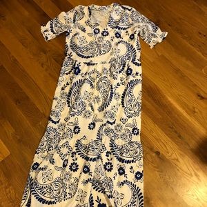 Blue and white paisley midi dress.